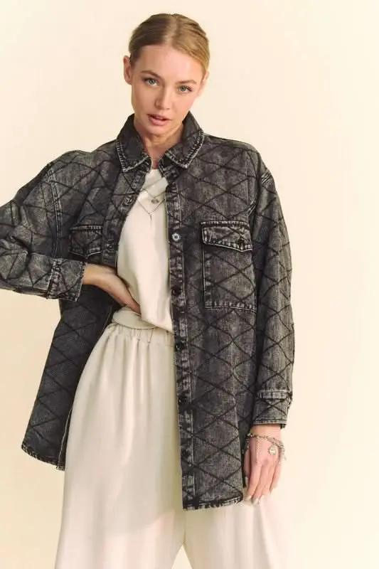 Davi & Dani Curved Hem Diamond Quilted Button Up Denim Shacket - Love Salve